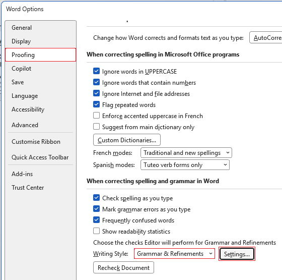 Options Writing Style Settings in Word